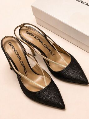 Giancarlo Paoli Black Glitter Slingback Heels with Gold Straps